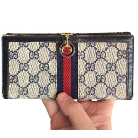 Gucci Handbags - Gucci Beige GG Canvas Wallet with Red and Navy Web Stripe